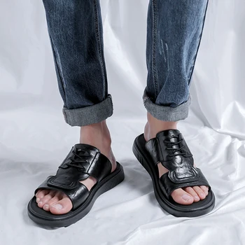 Домашняя мужская пляжная обувь на платформе, Повседневные мужские сандалии, Новые летние Сандалии для мужчин, модные Уличные Корейские сандалии из натуральной кожи для помещений