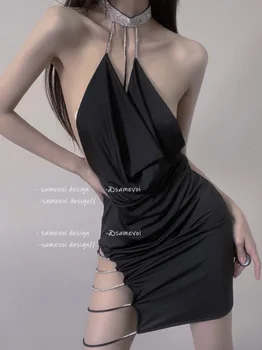 Новое летнее женское сексуальное декоративное платье-цепочка с разрезом сзади и черным висячим вырезом в модном стиле, облегающее бедра платье RA5F