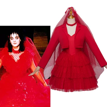 Костюм Джус Лидии для косплея Beetlejuice, женская красная куртка, платье с вуалью, наряды для ролевых игр на Хэллоуин, карнавал, сценическое представление.
