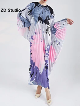 [ZD Studio] Женское плиссированное платье с дизайнерским принтом, круглый вырез, рукава 