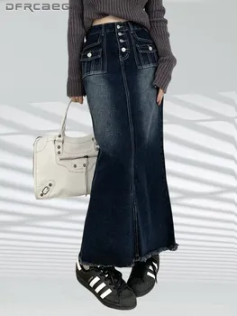 Темно-синяя Винтажная летняя джинсовая юбка Макси с пуговицами 2023, уличная одежда, ретро-джинсы трапециевидной формы, Saias Longas Lady