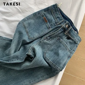 Винтажные синие прямые джинсовые брюки в уличном стиле с высокой талией, Корейские модные Женские широкие Мешковатые джинсовые брюки Y2K в стиле ретро