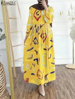 ZANZEA Модный осенний праздничный сарафан с длинным рукавом, Дубай, Турция, Абая, Хиджаб, Vestido, Женское мусульманское платье с цветочным принтом