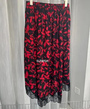 Женская красно-черная юбка миди с принтом, Эластичный кружевной расшитый низ, 2023 Новых юбки с карманами