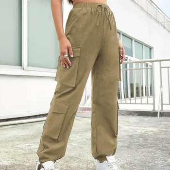 Спортивные штаны для женщин, широкие брюки для женщин, уличные брюки в стиле хип-хоп, с несколькими карманами, свободные брюки с прямыми штанинами, брюки-карго