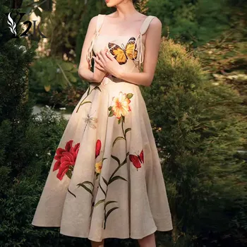 Дизайнер одежды Y2K для подиума, длинные платья миди с цветочной вышивкой в виде бабочек, для женщин, роскошное вечернее платье на бретельках, халатик.