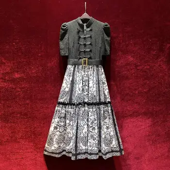 Европейское и американское женское платье 2023 лето, новый стиль, воротник-стойка, рукав пять четвертей, кружевное плиссированное платье с принтом в стиле пэчворк