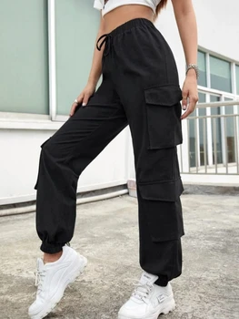 Женские брюки в стиле хай-стрит в стиле хип-хоп, модные брюки, Уличная рабочая одежда с несколькими карманами, Свободные колготки с прямыми штанинами.