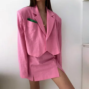 Юбки-карандаш и блейзер в тон, деловые повседневные женские наряды, карманы с длинными рукавами, женская одежда, Новый розовый костюм из двух предметов