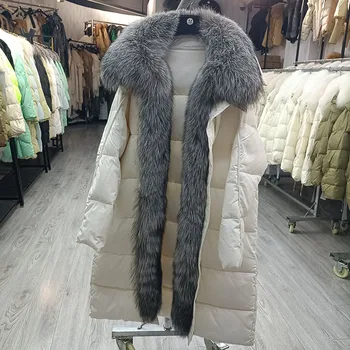 2023 Длинное Свободное пальто из гусиного пуха с воротником из натурального лисьего меха, модные толстые теплые зимние длинные пуховики с длинным рукавом