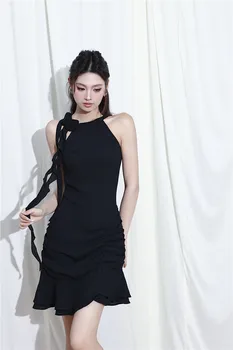 Цветочная лента XiaoJian С асимметричной складкой, Черный шифоновый дизайн, Короткая юбка Летом В женском платье