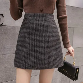 Новая модная клетчатая мини-юбка трапециевидной формы, женская осенне-зимняя шерстяная юбка с высокой талией, женская повседневная универсальная базовая короткая юбка