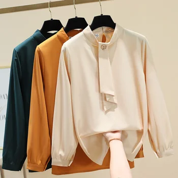 Весна/ лето 2022, новая модная однотонная шифоновая рубашка свободного кроя с рукавом-фонариком, женский топ с длинным рукавом, корейская рубашка