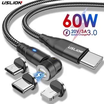 USLION 3 в 1 Магнитный кабель мощностью 60 Вт Быстрая зарядка 4,0 кабель USB C-Type C для быстрой зарядки PD Samsung MacBook кабель для зарядного устройства для передачи данных