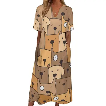 Платье с принтом собаки, винтажное макси-платье с мультяшными животными, эстетичные длинные платья в богемном стиле, женская одежда большого размера с принтом с коротким рукавом