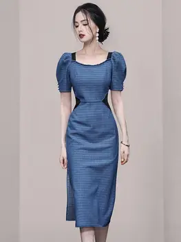 Новое модное летнее женское платье с квадратным воротником и пышными рукавами, Vestidos De Mujer, Элегантное вечернее платье Миди с высокой талией
