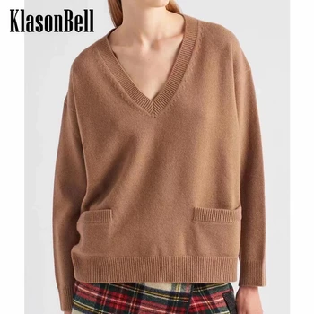 8.28 KlasonBell Модное украшение с этикеткой на спине, V-образный вырез, вязаный пуловер из 100% кашемира, Свитер для женщин