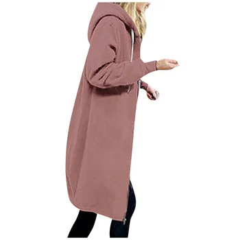 Женские повседневные толстовки на молнии, длинная однотонная куртка средней длины, зимняя верхняя одежда на шнурках с карманами кофта женская