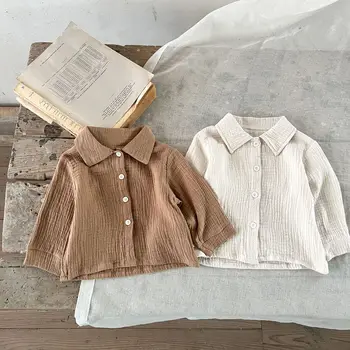 Детские рубашки, футболка, Двухслойный хлопковый топ из марли, Корейская Детская Весенне-осенняя Новая куртка с кондиционером, Детская нижняя рубашка