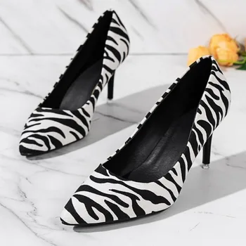 2023, белые женские туфли на высоком каблуке из искусственной замши, модные женские туфли-лодочки на квадратном каблуке с острым носком, Женская обувь Zebra, Женские туфли на каблуках