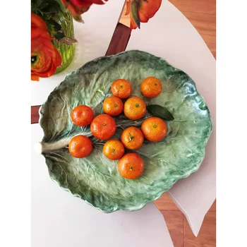 Керамическая подглазурная тарелка для фруктового салата с ручной росписью европейского декора для гостиной, декоративная тарелка из капустных листьев