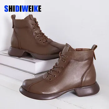 SDWK/ Женские ботинки на шнуровке, женские зимние ботильоны из натуральной кожи с застежкой-молнией сбоку и круглым носком, AD4572