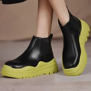Женская обувь; Лидер продаж 2023 года; Осенние Женские ботинки Без застежки; Разноцветные Водонепроницаемые ботинки на платформе с круглым носком и Массивном Каблуке