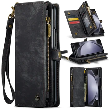 Чехол для телефона Caseme для Samsung Z Fold 5 4 Кожаный держатель для карт на молнии, ремешок на запястье, сумочка, магнитный чехол для телефона 008