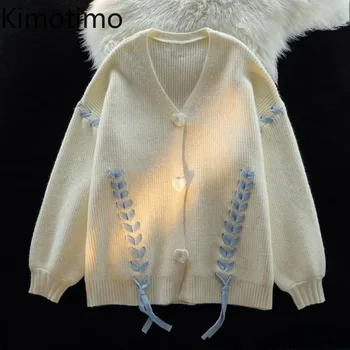 Kimotimo, Японский стиль, Сладкий Цветной блок, Бандажный вязаный кардиган, Женский Осень-зима, V-образный вырез, Свободный дизайн, Свитер с длинным рукавом, пальто