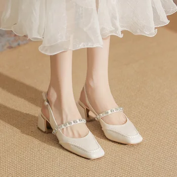 2023 Летняя новая женская кожаная обувь Mary Jane, модные босоножки на высоком каблуке с квадратным носком, каблуки 5 см