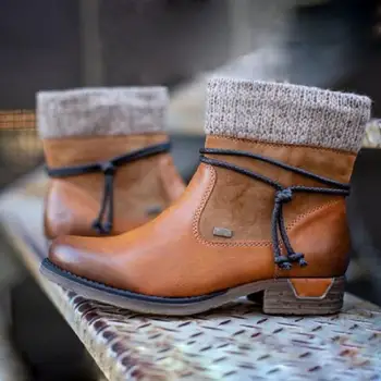 Зимние новые женские зимние ботинки в стиле ретро-панк, ботильоны на низком каблуке, женская обувь на платформе и молнии, теплые плюшевые вязаные пинетки в стиле пэчворк