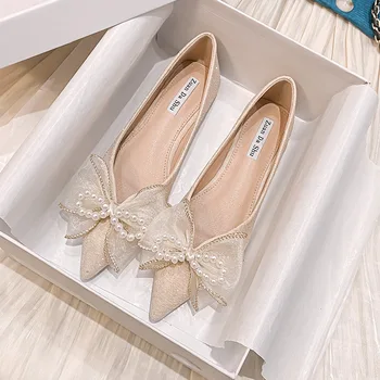 2023 Новые женские свадебные туфли на плоской подошве, украшенные бантом, Туфли с острым носком, весенне-летние туфли без застежки для вечеринок, обувь больших размеров