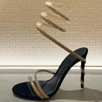 2023 Новые женские босоножки на высоком тонком каблуке с круглым носком и круглым носком, украшенные бриллиантовой лентой, в форме змеи, с круглым носком, с открытым носком.