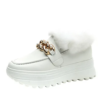 Fujin 8 см, Женская зимняя обувь из натуральной кожи, кроссовки на платформе, танкетка, Теплая меховая повседневная обувь с длинным плюшем, Белые модные ботинки