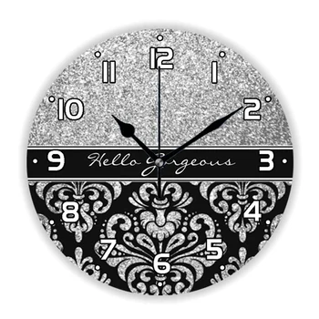 Стильные Черно-серые блестящие настенные часы Hello с великолепным дамасским цветочным рисунком для гостиной, спальни, кухонных принадлежностей, домашнего декора