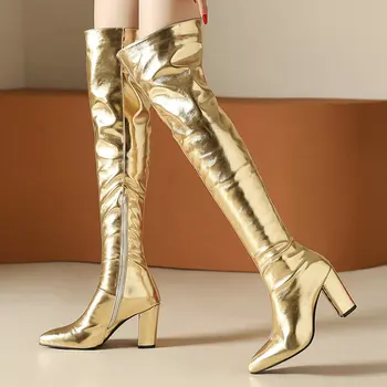 Женская зимняя теплая обувь на высоком каблуке с острым носком, из лакированной искусственной кожи, блестящие золотисто-серебристые плиссированные ботфорты выше колена, женская зимняя теплая обувь выше колена, сапоги выше колена