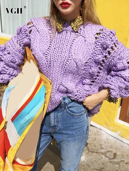 VGH, Однотонные вязаные свитера Для женщин, круглый вырез, пуловер с длинным рукавом, Свободный повседневный свитер, Женская модная зимняя одежда