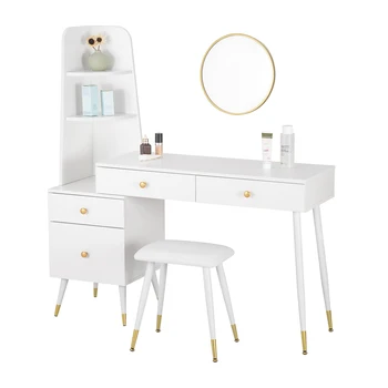 Белый туалетный столик с зеркалом-табуреткой, 4 ящика, Большая столешница для макияжа, современный косметический столик