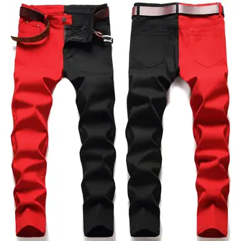 Мужские черно-красные джинсовые брюки в стиле пэчворк, уличная одежда, джинсы с рваными отверстиями в стиле хип-хоп, модные джинсовые брюки Harajuku, джинсовые панталоны Homme