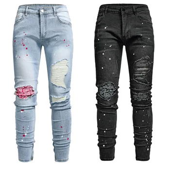 Осенняя новинка 2023, Обтягивающая уличная одежда Стрейч в стиле пэчворк, Рваные тонкие джинсы в байкерском стиле, мужские брюки-карандаш средней посадки, трендовые брюки на молнии