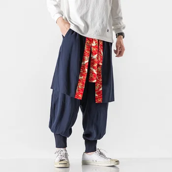 MrGB, мужские повседневные брюки с рисунком журавля в китайском стиле большого размера, хлопковые льняные шаровары, Винтажные мужские брюки с эластичной резинкой на талии.
