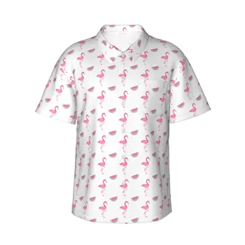 Розовые мужские повседневные гавайские рубашки Flamingos с коротким рукавом, пляжные рубашки на пуговицах, рубашки с тропическим цветочным рисунком