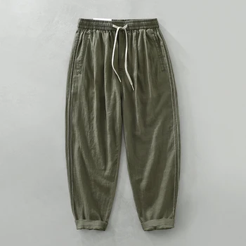 Мужские модельные брюки Летние Новые повседневные зеленые брюки мужские из 100% чистого льна Свободные модные однотонные брюки с эластичной резинкой на талии