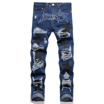 Синие рваные джинсы в байкерском стиле в стиле панк с буквенной вышивкой, Прямые брюки со средней талией, одежда с аппликацией в стиле хип-хоп