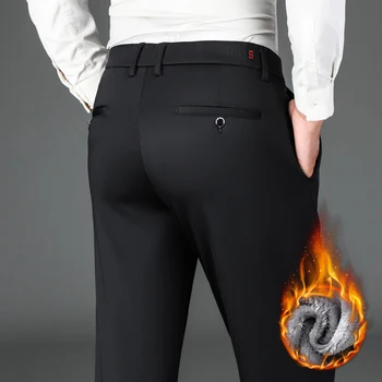 Деловые повседневные Плюс бархатные толстые мужские брюки, осенне-зимние теплые эластичные брюки с высокой талией, повседневная офисная красивая мужская одежда