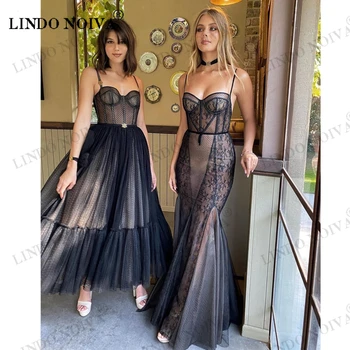 LINDO NOIVA, черные платья для выпускного вечера трапециевидной формы, современные вечерние платья с корсетом из тюля на тонких бретельках, вечерние платья чайной длины