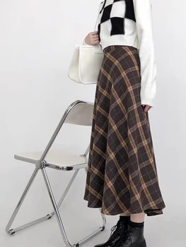 Осенне-зимняя юбка в японскую клетку, офисная женская одежда трапециевидной формы с высокой талией, классическая юбка, школьная мода Y2K, элегантная уличная одежда