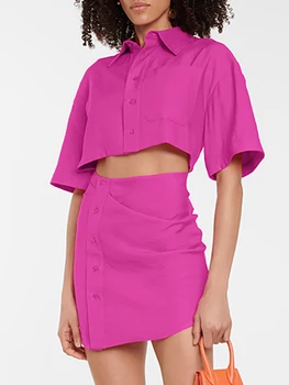 2023 Летнее Новое мини-платье, женский комплект, Розово-красная рубашка с коротким рукавом, однобортная сумка, модные платья в стиле хип-хоп, Модное открытое платье для женщин