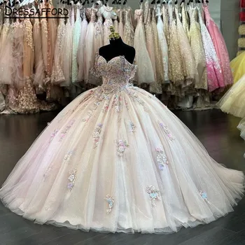 Бальное платье с кружевными аппликациями цвета шампанского с открытыми плечами, пышное платье 2023, платье принцессы, платье Sweet 16, vestidos