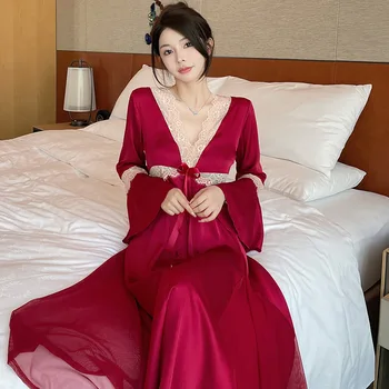 Бордовая Женская длинная ночная рубашка, пижамы, Сексуальная кружевная ночная рубашка в стиле пэчворк, халат, Весенне-летний домашний халат, одежда для отдыха